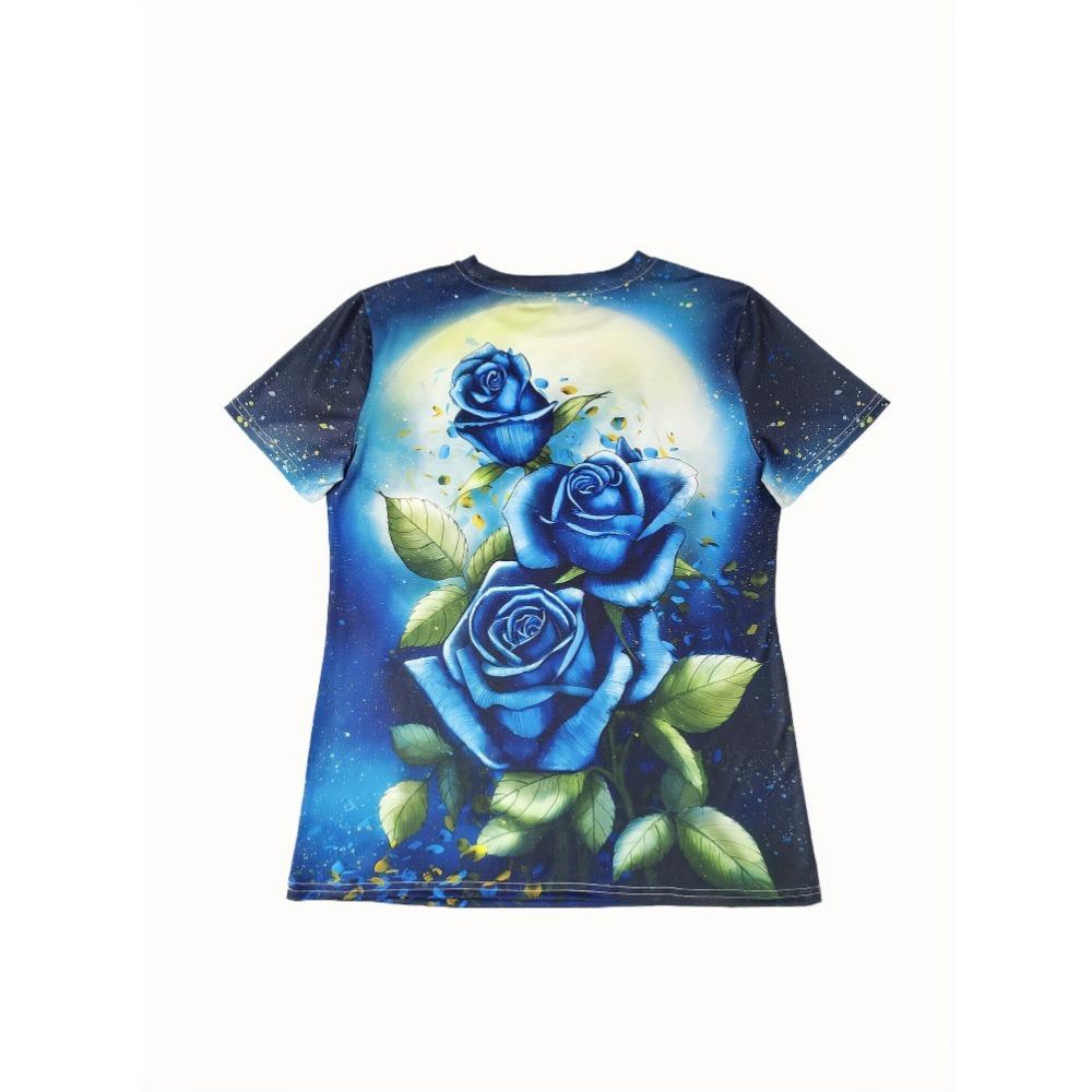 Sternenblaue Rose Damen-T-Shirt - Elegantes blaues Rosenstrauß-Grafikdesign, Magisches florales Printdesign für legere Alltagsmode