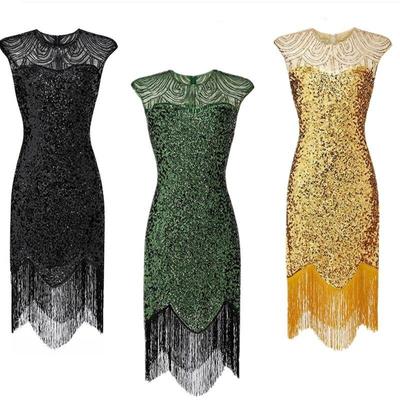 Amazon Popular Banquet Evening Dress 1920 Retro Sequined Tassel Dress Plus Size Solid Stage Performance Wear