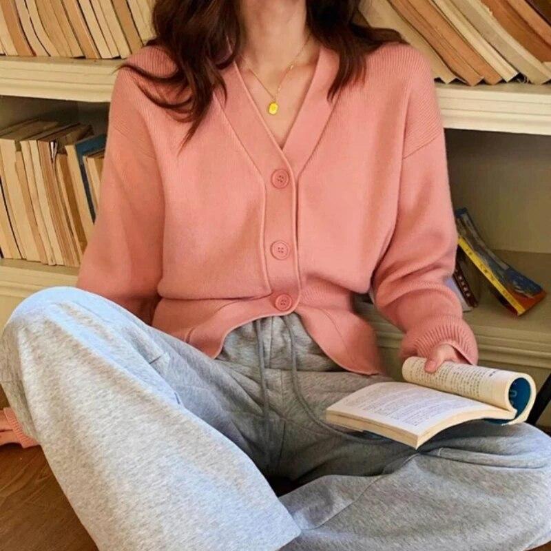 

Осенний свитер с длинными рукавами, пальто, женские повседневные однотонные топы, белые трикотажные изделия с v-образным вырезом, вязаные кардиганы, женская зимняя одежда 29529 One Size розовый