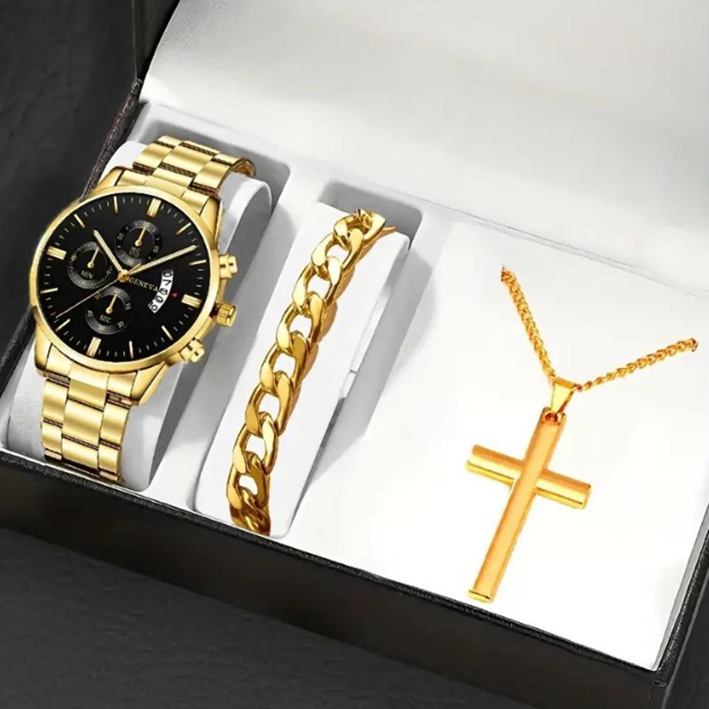 Men's Business Trend 3pcs/set Three-eye Single Calendar Steel Belt Watch + Bracelet + Cross Bracelet Set