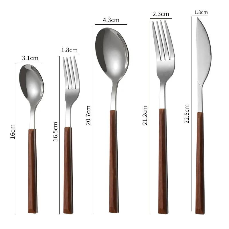 5PCS Stainless Steel Imitation Wooden Handle Cutlery Set Knife Fork Spoon Western Tableware Kitchen Flatware Set Dinnerware