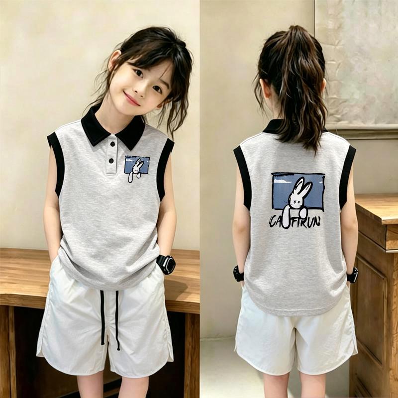 Korean-Style Girls' Color Block Sleeveless Polo Shirt Set - Summer Loose Fit