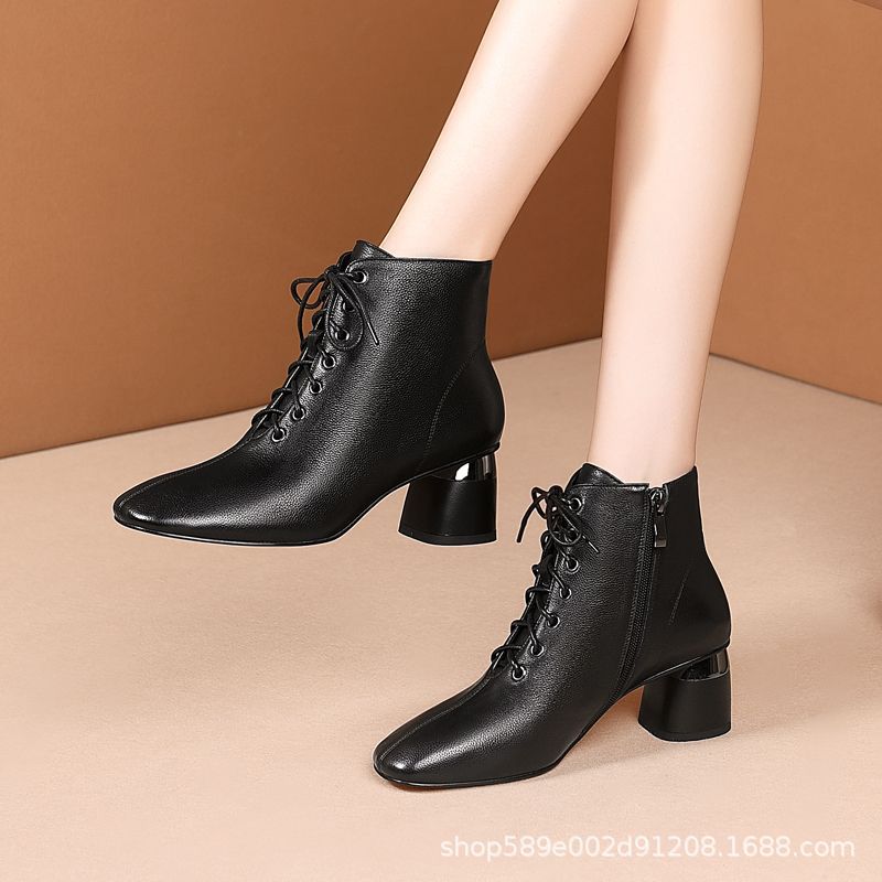 

Короткие сапоги на грубом каблуке, женские универсальные кожаные сапоги на среднем каблуке с квадратным носком и шнуровкой, женские ботинки Martin, ботинки Mom 40