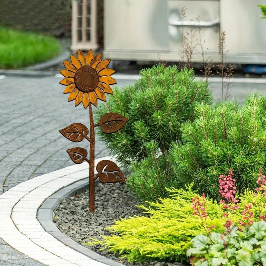 Paletto da Giardino Girasole in Metallo Decorazione Esterna per Cortile Arte Metallica Decorazione Fiore Pianta per Prato Patio Giardino