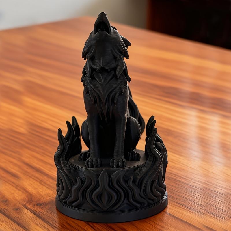 3D‑Printed Howling Dark Flame Wolf Figurine, Textured Statue With Flame‑Shaped Base, Home & Office Desktop Ornament, Gift for Fa