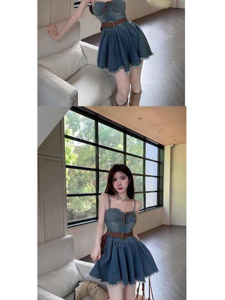 Stylish Plus-Size Strapless Denim Dress: Age-Reducing, Waist-Cinching Suspender Short Skirt for Summer