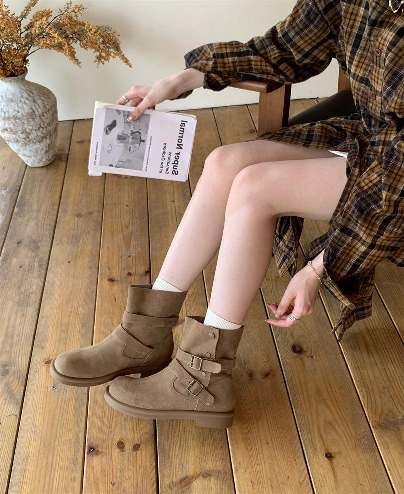 

2025 autumn and winter new retro suede Martin boots women s medium tube thick heel knight boots non-slip and wear-resistant short boots 39 хаки