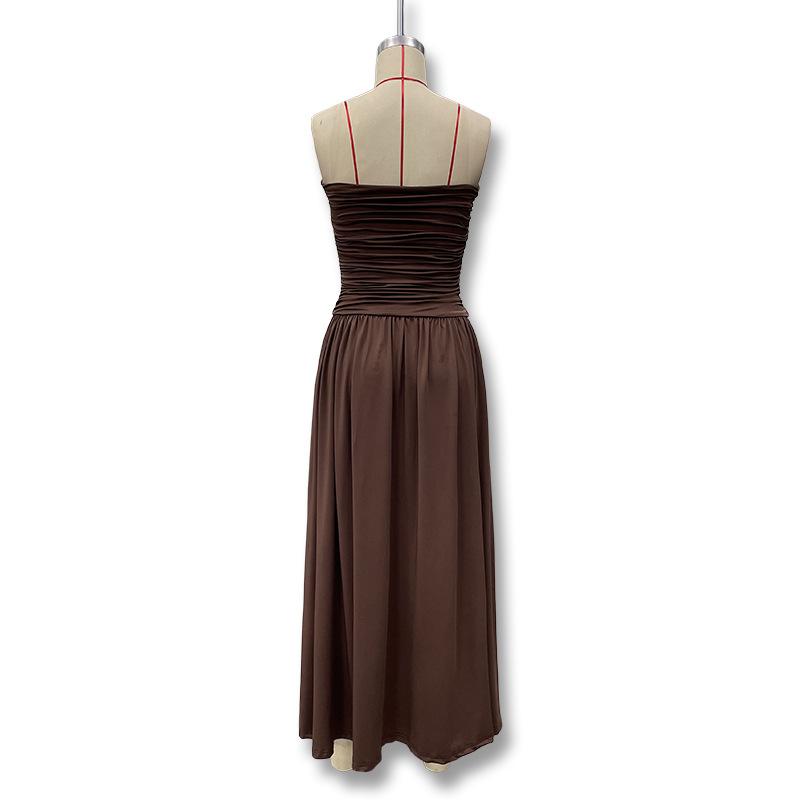 Abito Maxi Donna Senza Spalline a Tubo Vita Arricciata Colore Unico Svasato Lunghezza Pavimento Estivo Casual Vacanza al Mare Abito Lungo