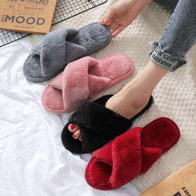 Cross Plush Slippers Autumn and Winter New Indoor Thermal Cotton Slippers Thickened Leaking Toe Fluffy Slippers