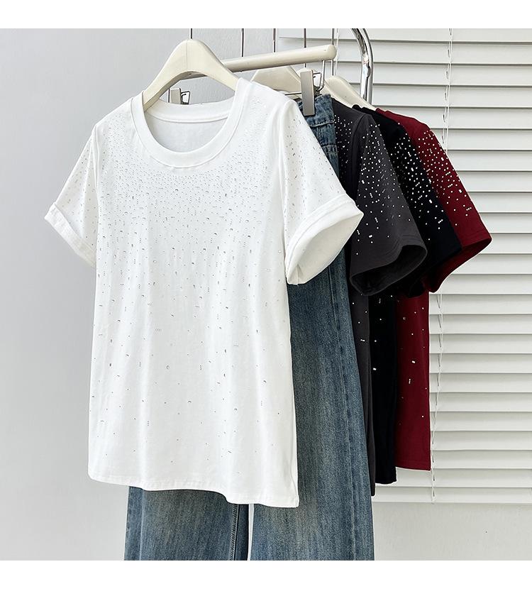 Summer 2026 Plus Size Women's Chic Rhinestone Round Neck Short Sleeve T-shirt