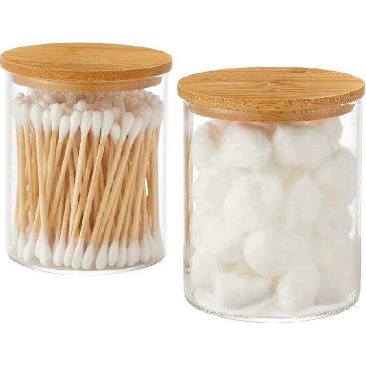 Glass Qtip Holder Dispenser with Bamboo Lid - 2 Pack Apothecary Jars - Cotton Balls Pads Swabs Holder Jar - Bathroom Vanity Canisters Jars for Glass-2 Piece