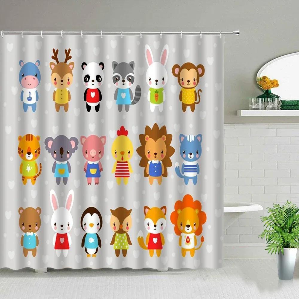 Funny Little Cat Dog Bathing Shower Curtain Cartoon Animals Printed Bathroom Curtain Set Waterproof Polyester Fabric Bath Screen