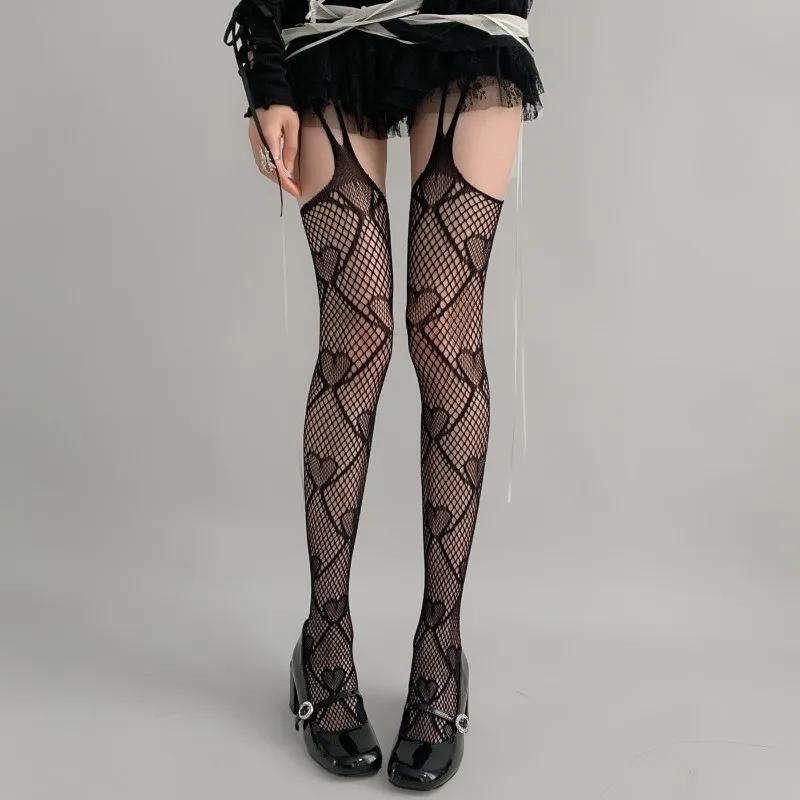Women Sexy Love Heart Fishnet Stockings Sweet Girl Gothic Hollow Out Brown Black Pantyhose Y2K JK Cosplay Party Mesh Leggings