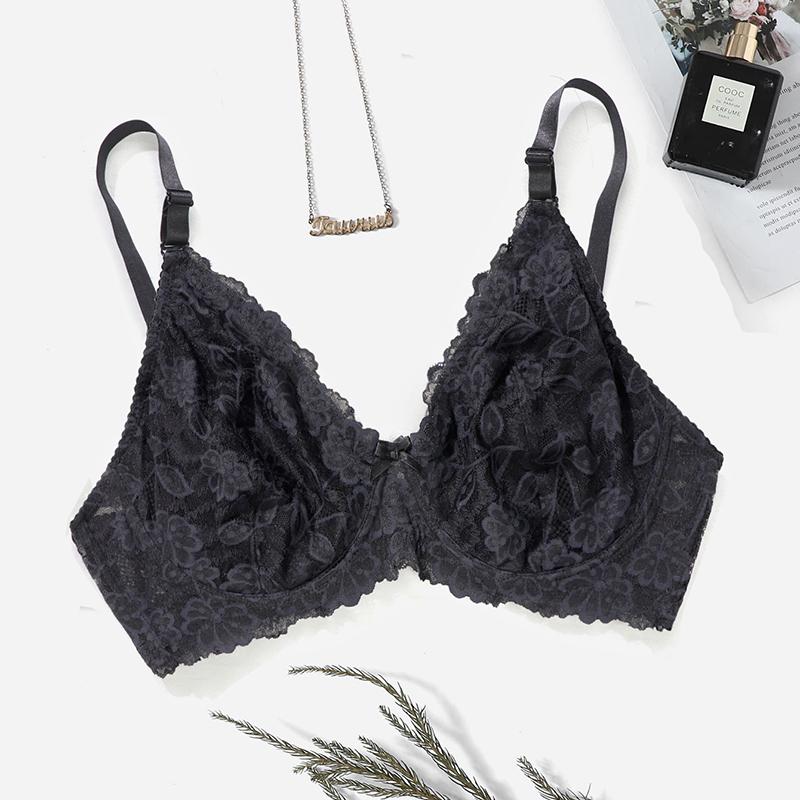 Woman Plus Size Bra Black White Floral Lace Underwear with Wire Ultra Thin Breathable Lingerie 38D 40D 42D 44D 40C 42C 44C Full Cup