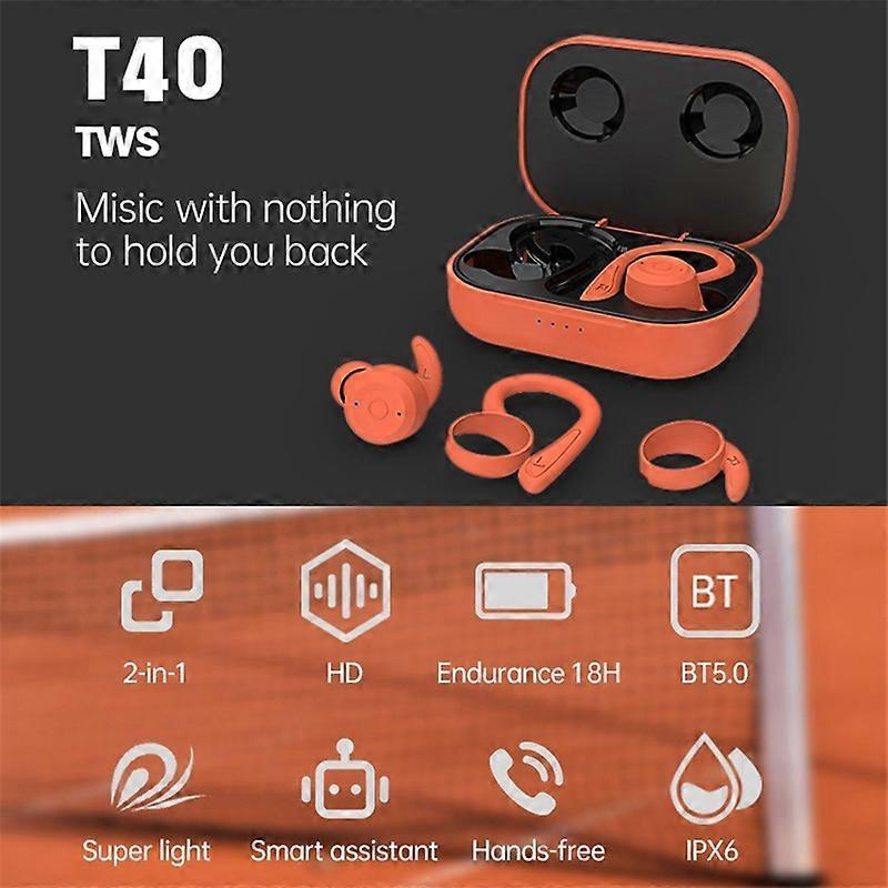 T40 Ear Hook Wireless Earphone IPX6 Waterproof Hands-free Touch Control Bending Sports Earbuds - Bla