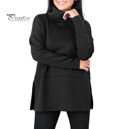 

Женская толстовка с полувысоким воротником и разрезом по низу, однотонная плотная одежда больших размеров, длинный рукав, однотонный пуловер, сохраняющий тепло, повседневный топ для поездок на работу L чёрный