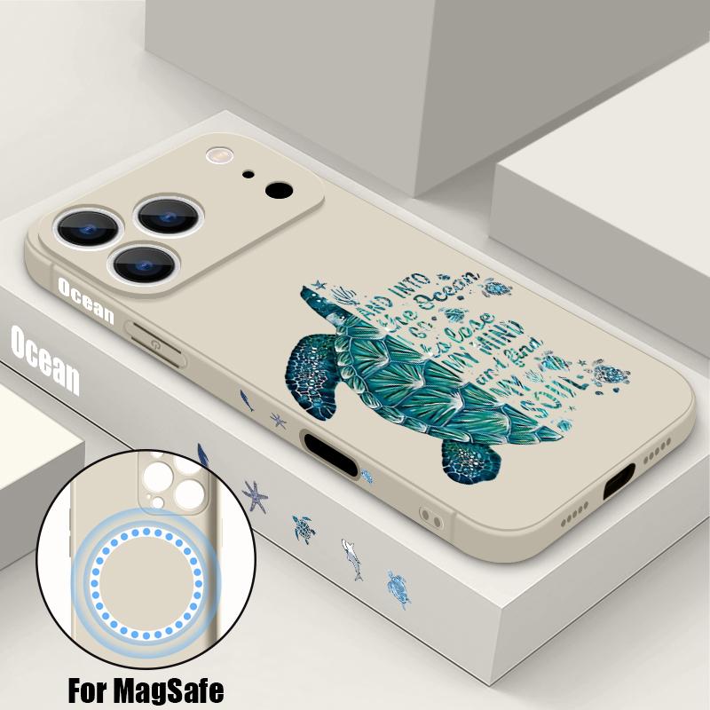 Magnetic For Magsafe Case For iPhone 17 Pro Max Lettering Turtle Print Soft Silicone Phone Back Cover For iPhone 16 15 14 13 Pro Max 16e 17e