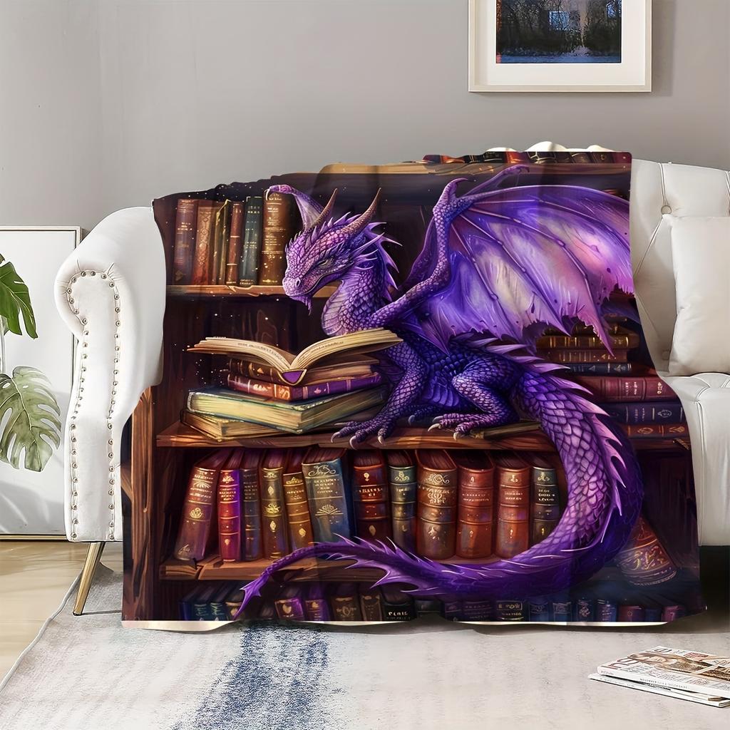 Lodge Style Dragon Reading Books Throw Blanket - Fantasy Animal Motif Soft Lightweight Accent for Sofa Bed Travel Office Gift