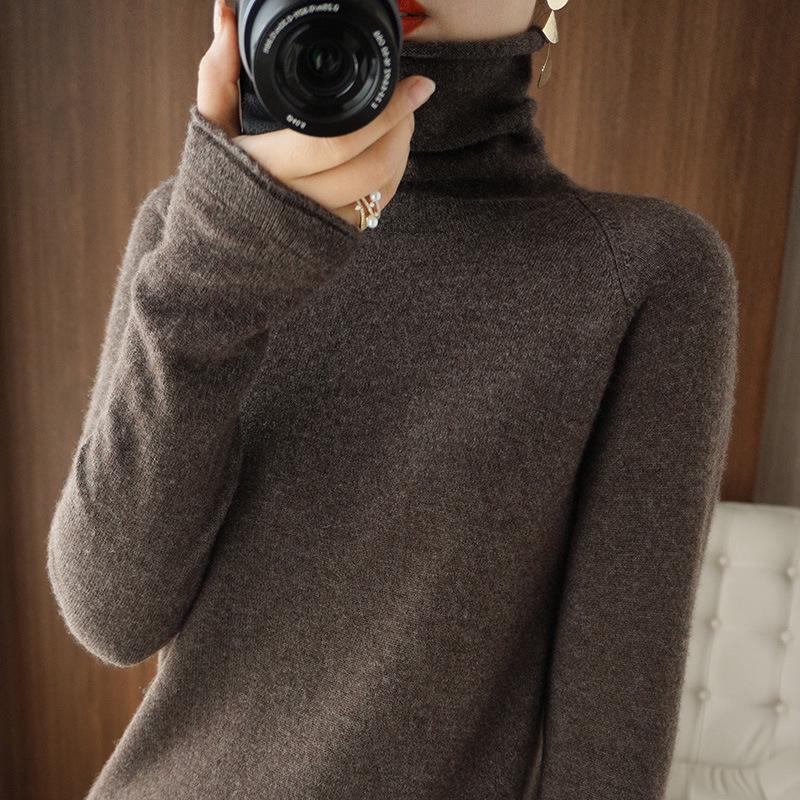 Women's High Neck Knit Sweater: Long Sleeve, Solid Color, Loose Fit, Stylish Autumn/Winter Base Layer