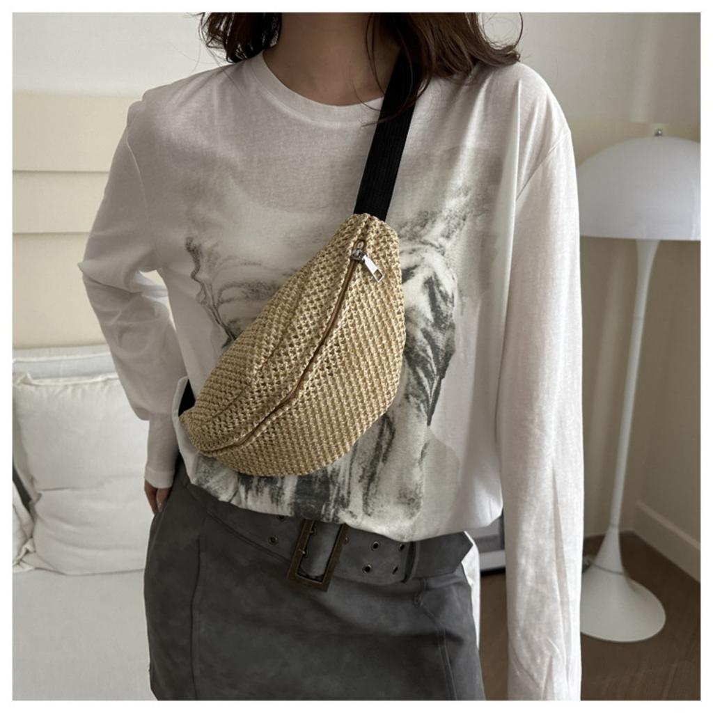 Women'S Stylish Woven Chest Bag - Light Brown, Crossbody Sling Phone Pouch with Zipper Closure, Versatile Waist Pack for Beach, Beach Bag