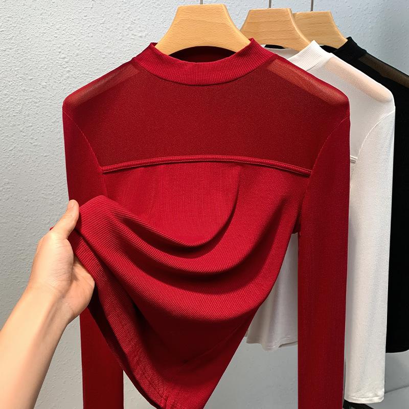 

Stand-up collar bottoming shirt women s 2025 new European women s clothing mesh splicing foreign style shirt temperament with waist top 3XL червоний