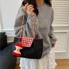 Casual Nylon Plaid Shoulder Bag With Pendant Dopamine Handbag Large Capacity Women Commuter Tote Bag  Trendy Armpit Bags