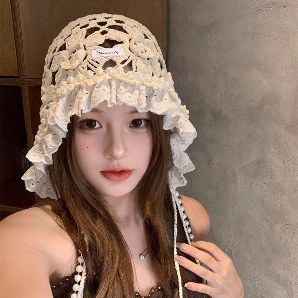 Pearl Tassels Lace Beanies Hollow Out Weave Cap Cute Ethnic Style Hat  Girls