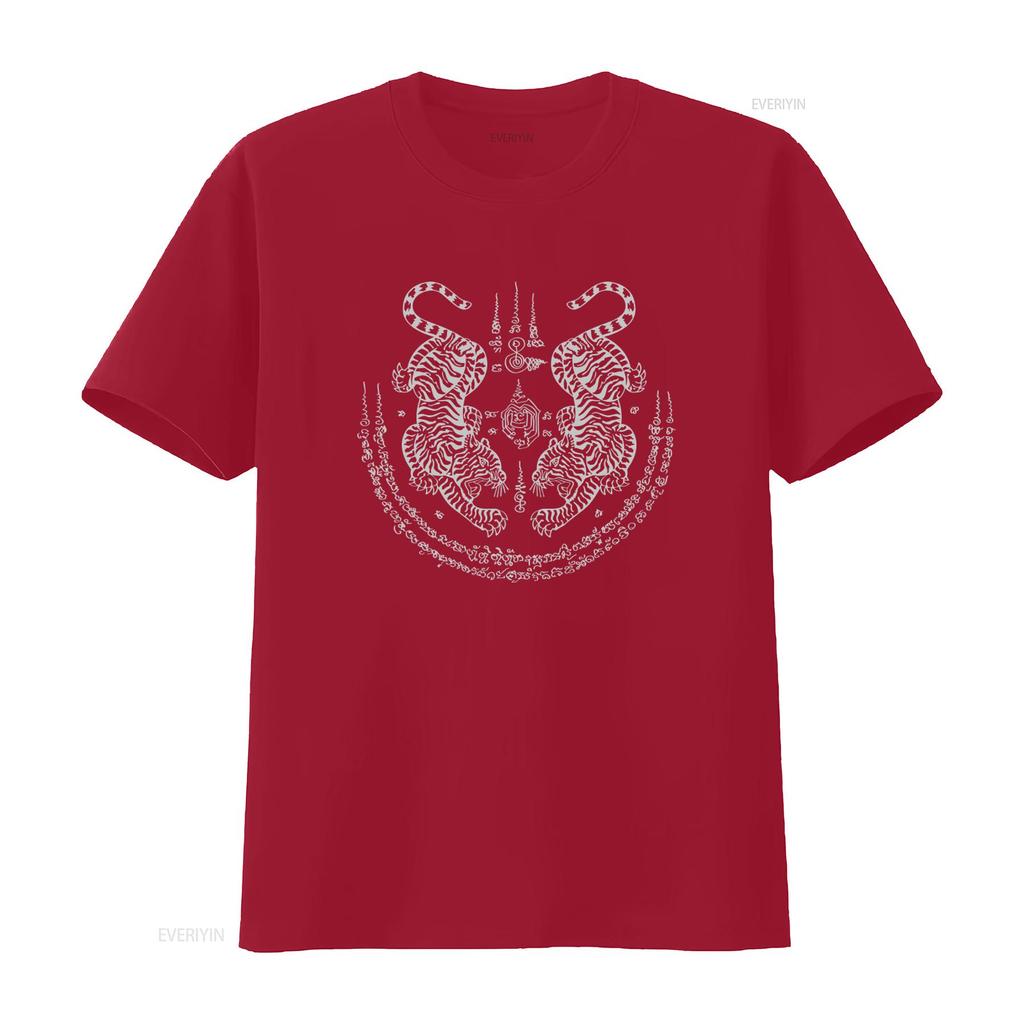 Sak Yant Thai Tattoo Twin Tiger Muay Magical Thailand Men's T Shirt vintage Washed Stylish Comfortable Unisex Slightly