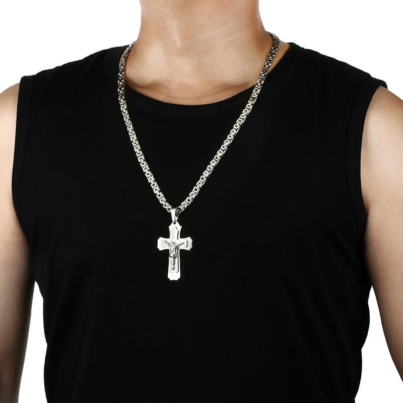 Bible Silver Color Jesus Cross Stainless Steel Pendants Necklaces Byzantine Long Chain Necklace for Men Jewelry Colar Collier