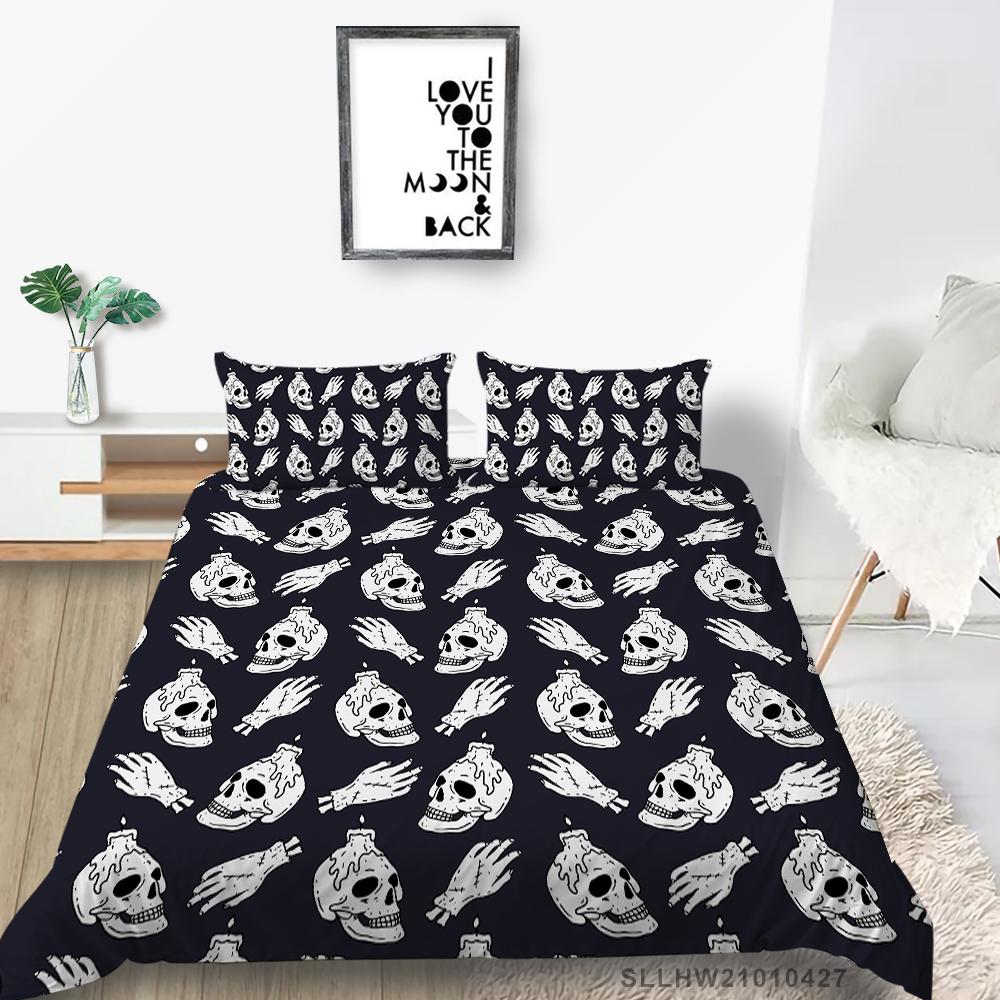 Skull Head Printed Bedding Single Double Bed Full Size Personalized Dark Pattern Pillowcase and Quilt Cover 2 or 3 Comfortable Home Decoration