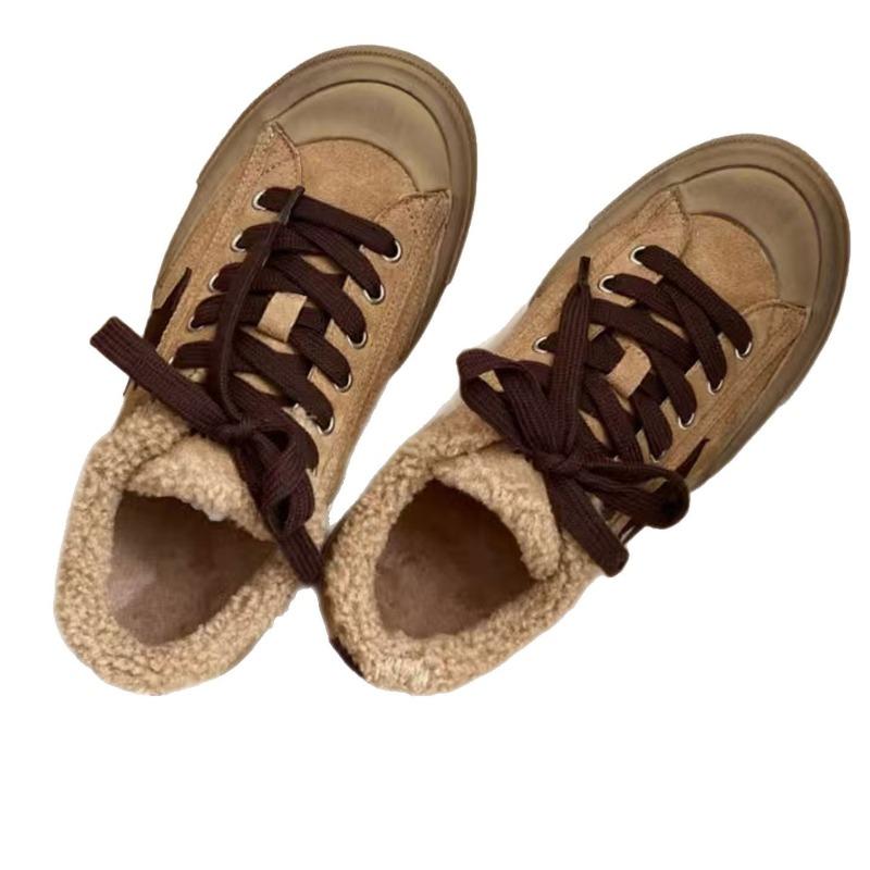 

2 autumn and winter new leather thick velvet warm old dirty little white shoes women s flat-bottomed versatile board shoes cotton shoes tide 40 верблюд
