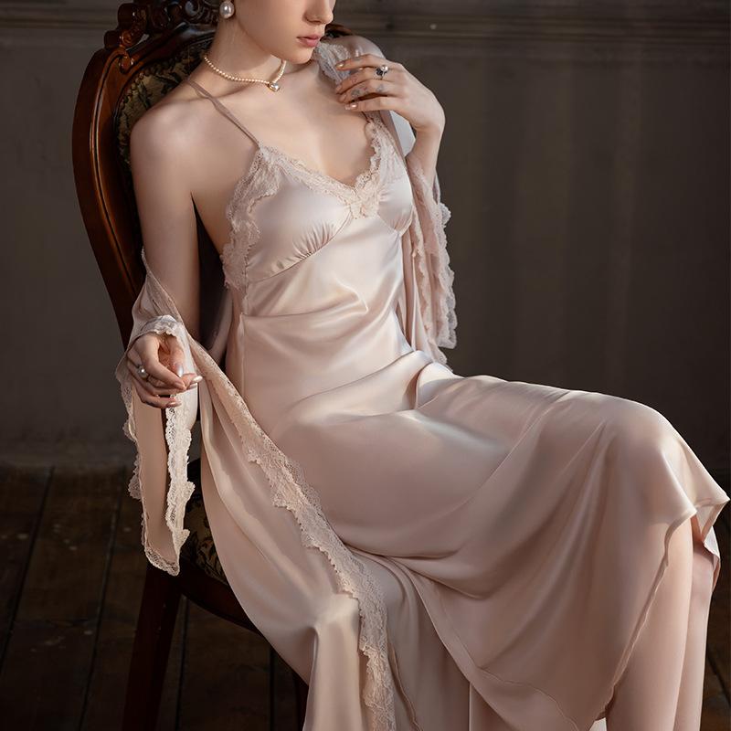 Sexy pajamas women's ice silk summer with chest pads, suspenders, nightgown, two-piece set, long over-the-knee silk loungewear