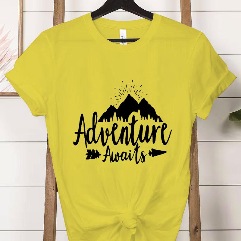 Adventure Awaits Crew Neck Short Sleeve Tshirt Women Mountain Outdoors Hiking Classic Tops Funny Camping Gifts Casual Tshirts