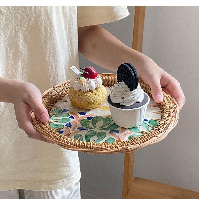 Light Luxury Rattan Woven Round Colorful Storage Tray Living Room Tea Table Fruit Pastry Cake Plate Trays Decorative