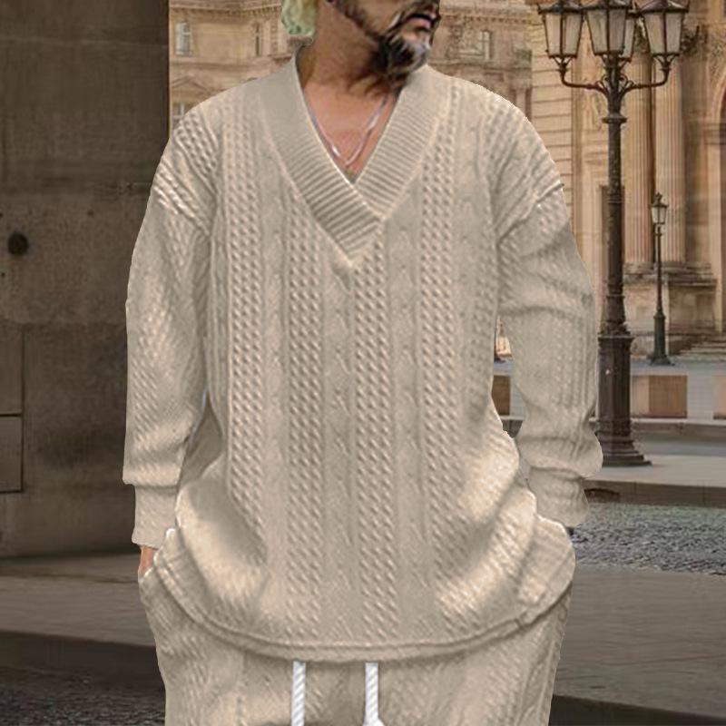 2025 Men's Casual Autumn V-neck Jacquard Knit Sweater - Loose Long Sleeve Pullover