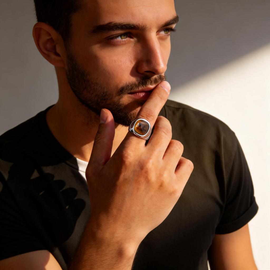 Tiger Eye Stone Ring for Men Boys,Stainless Steel Natural Stone Square Ring,Casual Punk Jewelry Gift for Dad Son