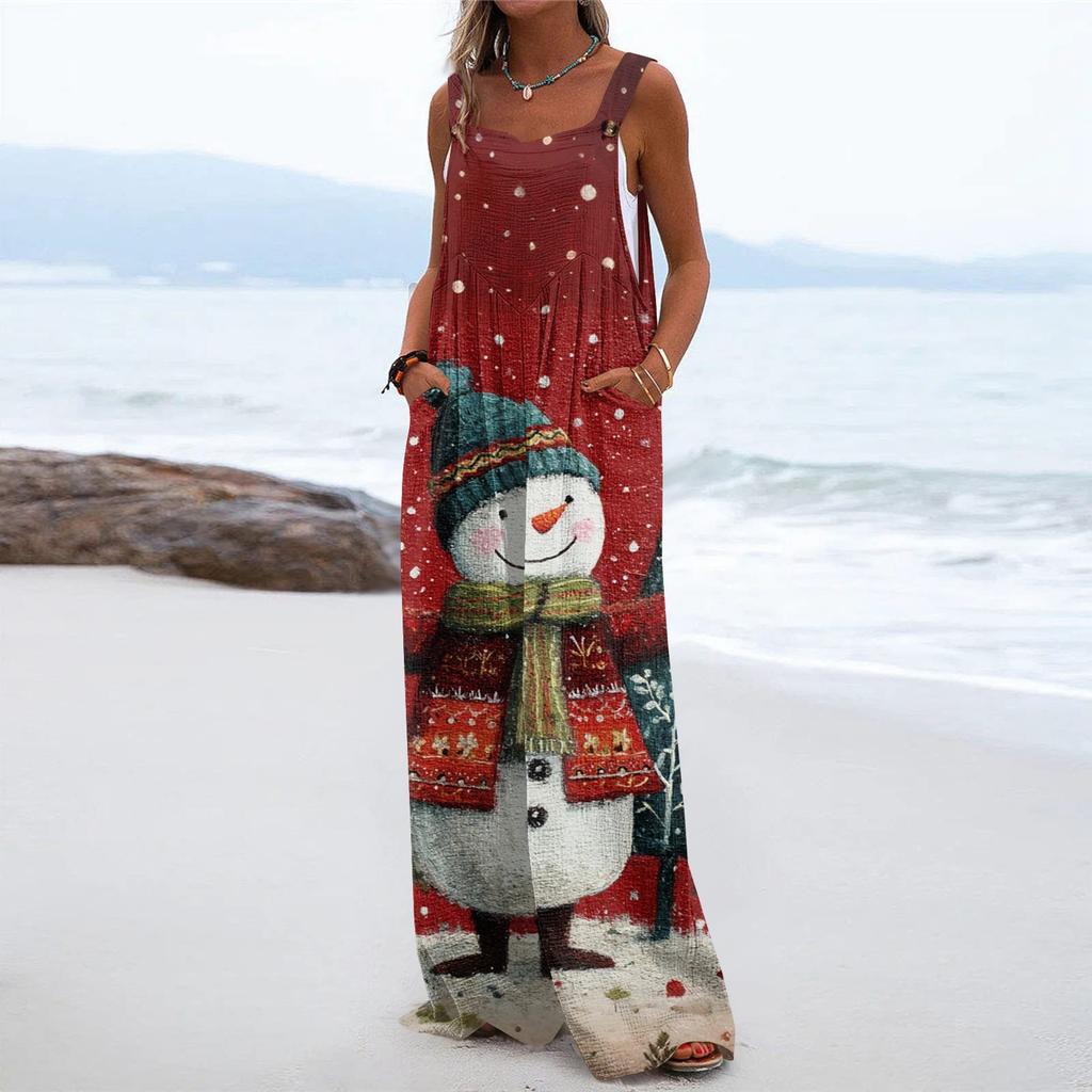 Women's Christmas Print Solid Wide Leg Strapless Tank Pocket Casual Onesie