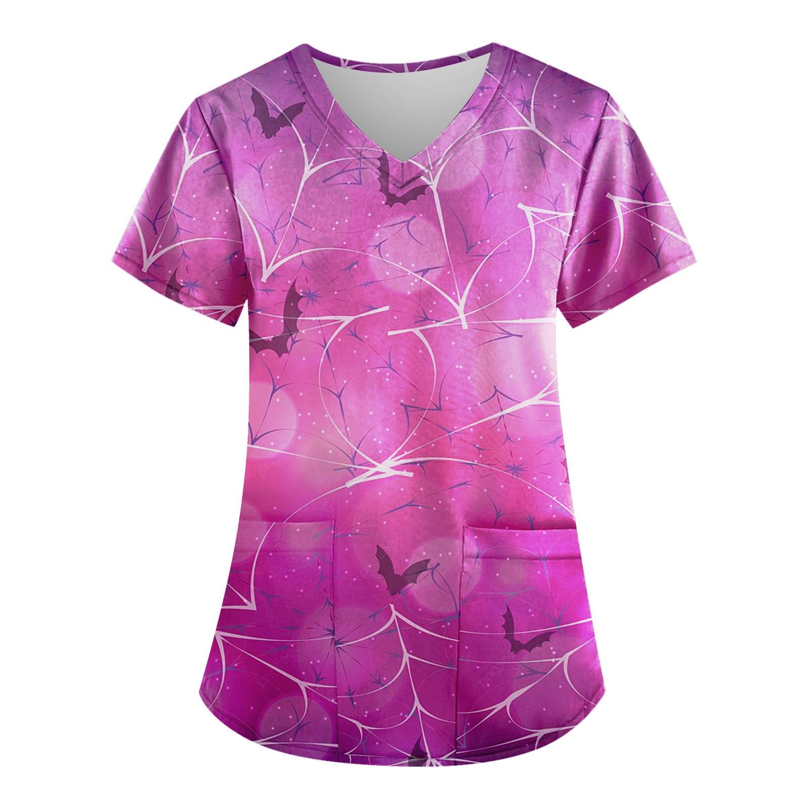 

Women s Fashion V-neck Short Sleeve Workwear With Pockets Halloween Printed Tops XXL
