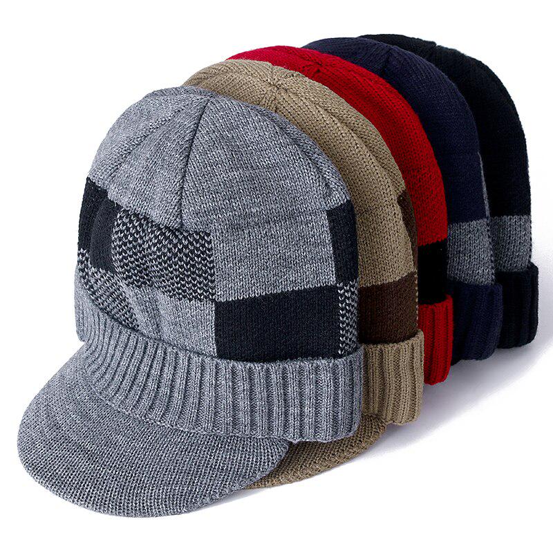 High Quality Fur Add Cotton Lined Brim Winter Hats Casual Beanies Hat For Men Square Block Design Wool Knitted Hat