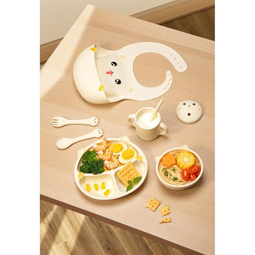 7-Piece Silicone Baby Feeding Set, BPA-Free, Cute Cat Design, Toddler Plate Set with Suction Base, 12M+, 30x25x6cm, Beige Fitilomania