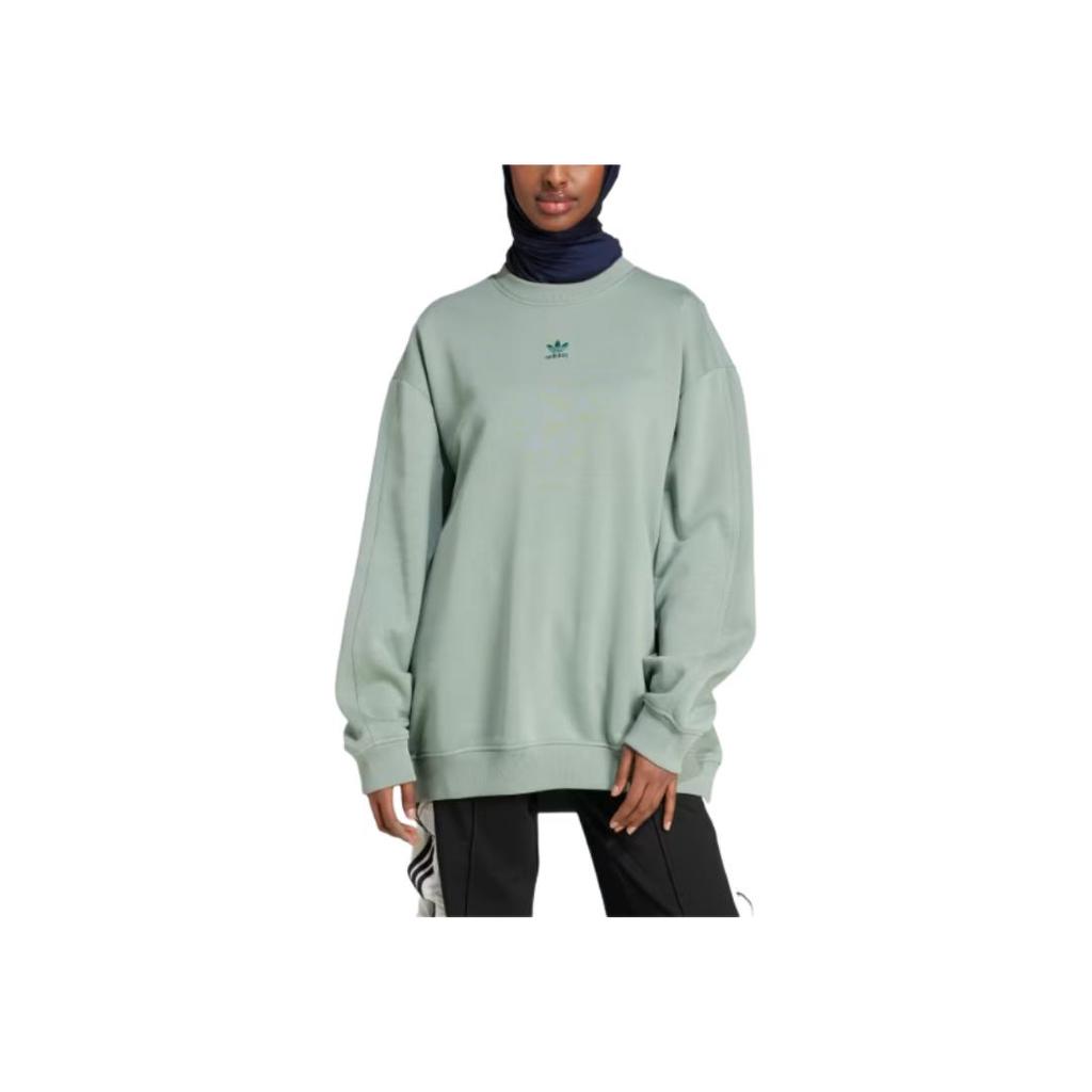 adidas Originals Logo Print Crew Neck Pullover Drop Shoulder Long Sleeve Sweatshirt Women Sweatshirt Green JD1539