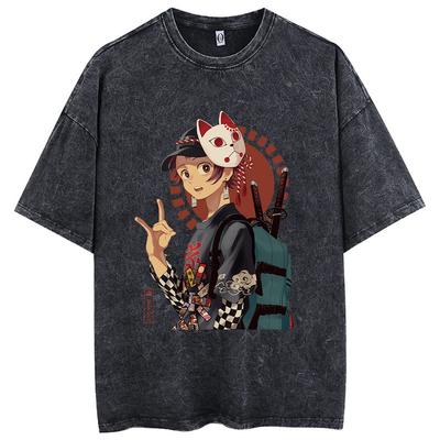 Anime Printed Acid Washed T Shirt 100% Cotton Short Sleeves Streetwear Tops Vintage Manga Fashion Oversized Tees Unisex