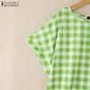 ZANZEA Women Casual Round Neck Plaid Print Summer Short Sleeve Blouse