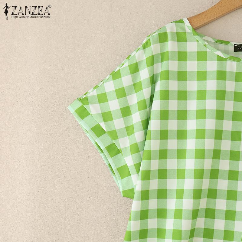 ZANZEA Women Casual Round Neck Plaid Print Summer Short Sleeve Blouse