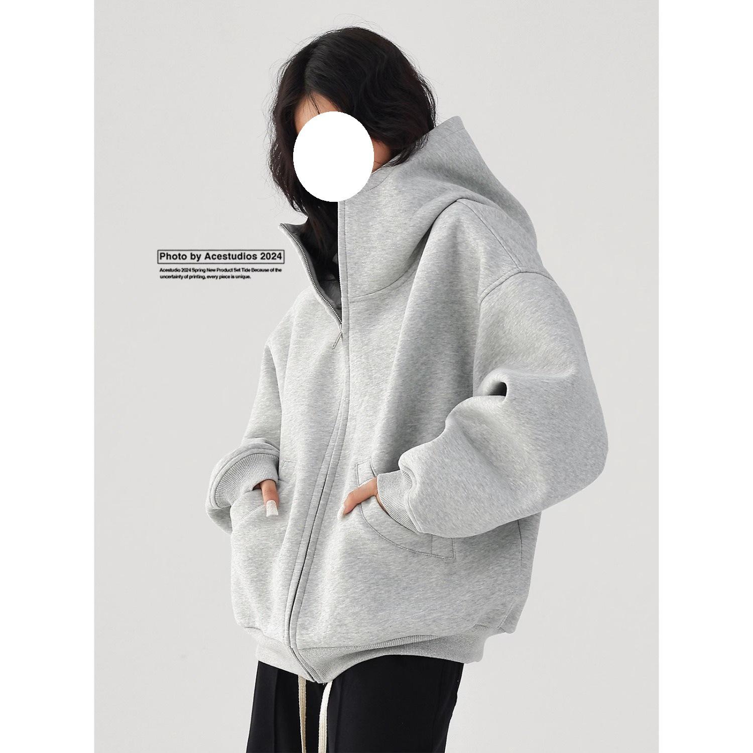 Autumn 2025 American Retro Double Zipper Hooded Cardigan Sweatshirt Jacket XXL серый