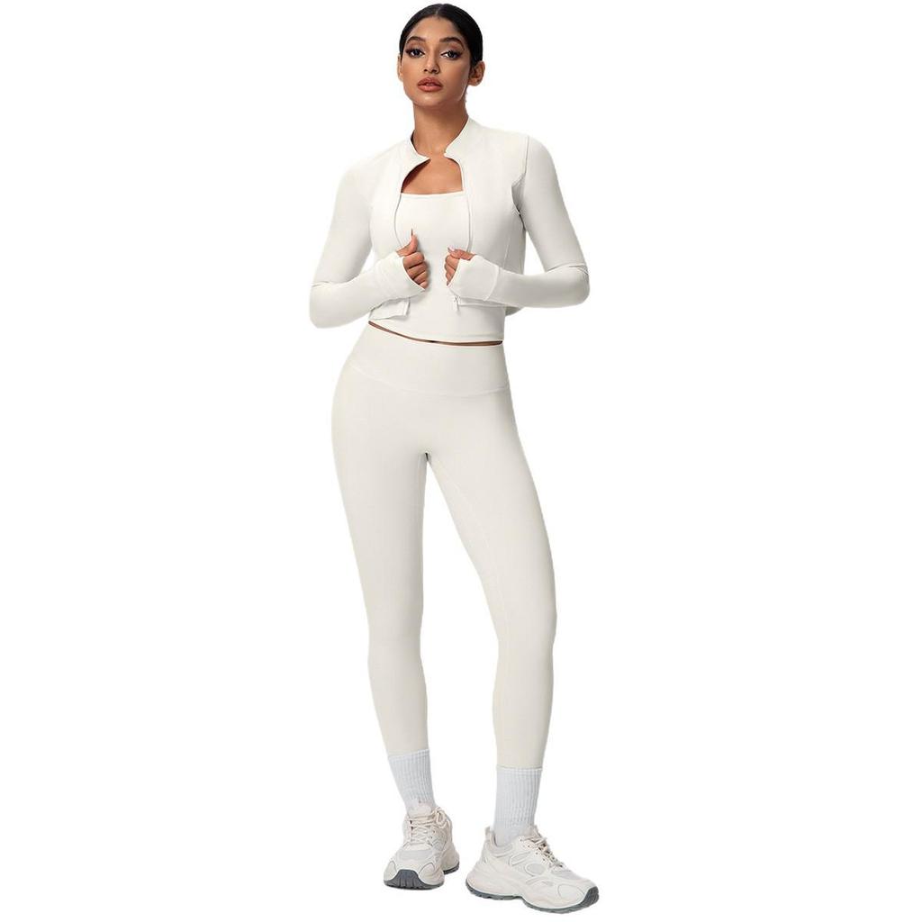 Women's Fitness Yoga Set: Shockproof Ribbed Tank, Zipper Jacket, High-Waisted Skin-Friendly Pants