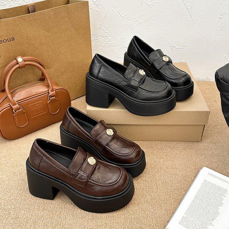 Small Thick High-heeled Jk Small Leather Shoes for Women's 2025 Summer and Autumn New Thick-soled Versatile Retro British Style Loafers