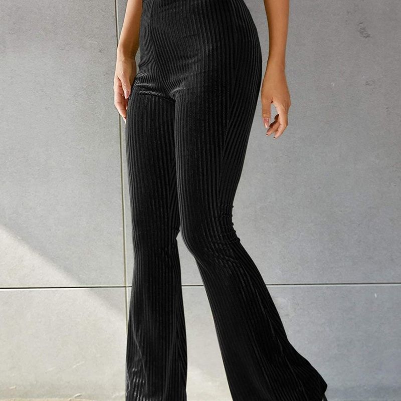 Graceful Personality New Arrival European and American Women's Clothing Fashion Sexy Pure Color High Waist Pleuche Sunken Stripe Bell-Bottom Pants