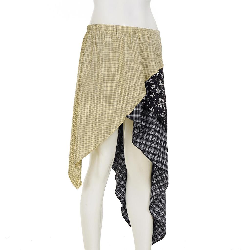Spring/Summer Women's Low-Waist Plaid & Floral Patchwork Irregular Hem Skirt