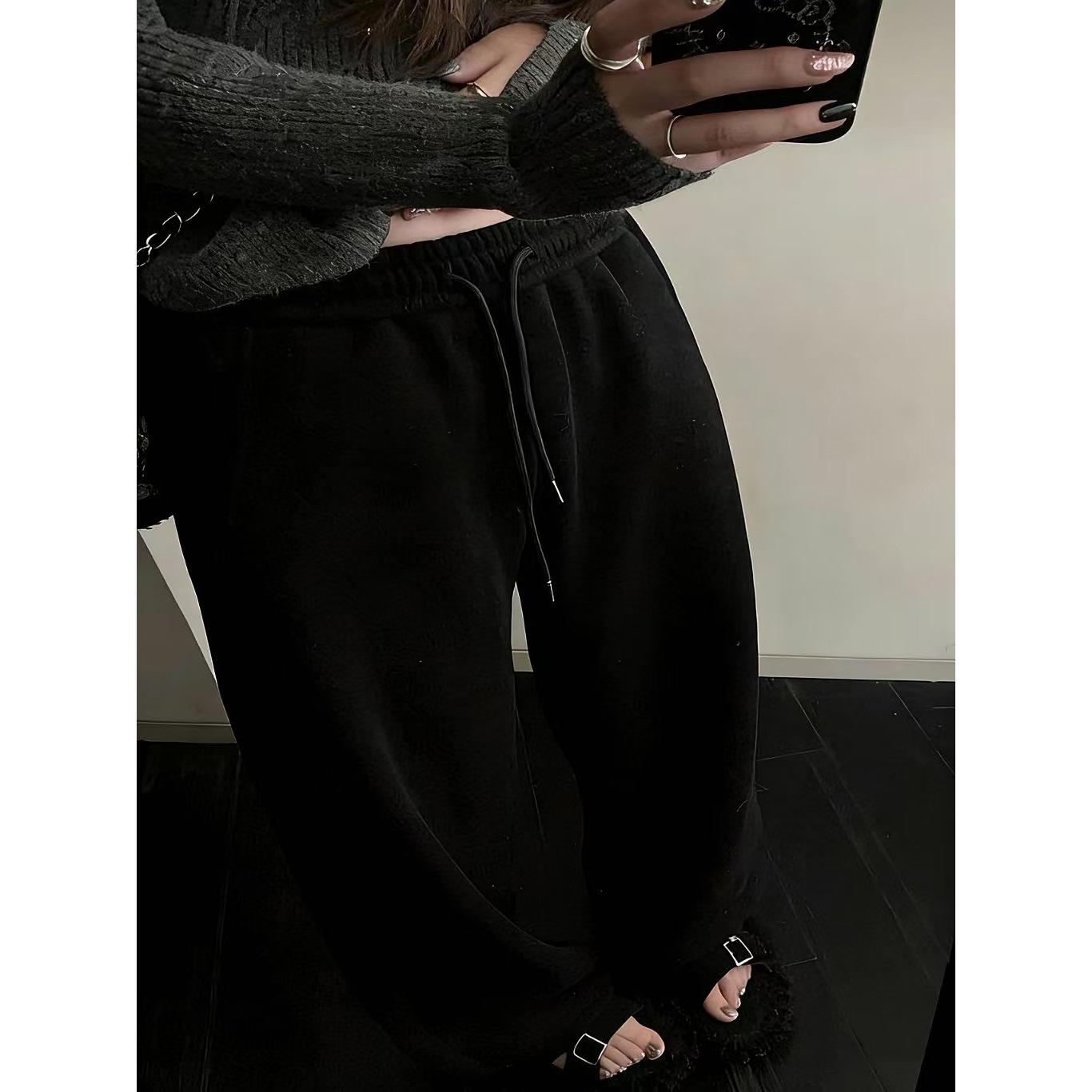 

812# HEYGIRL Black Brother American Style Fleece-Lined Gray Sweatpants with Elastic Drawstring Medium чёрный